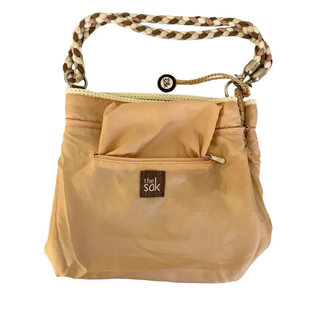 The Sak Woven Crochet Shoulder / Crossbody Bag Tan & Pink Braided Strap